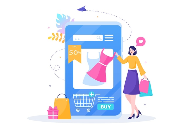 Mobile store or shopping online in application vector illustration. digital marketing promotion, payment and purchase via credit card for poster