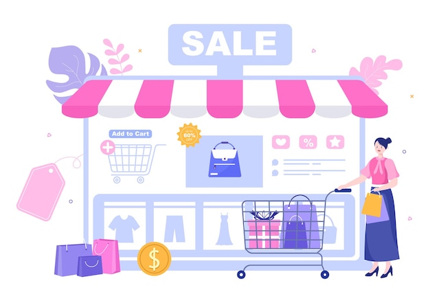 Mobile Store or Shopping Online in Application Vector Illustration. Digital Marketing Promotion, Payment and Purchase Via Credit Card for Poster