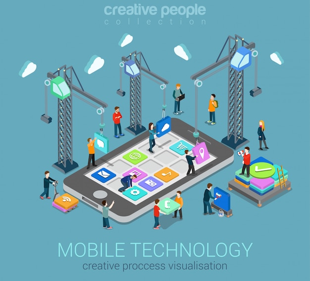 Mobile technology visualization process creating operating system isometric concept сranes placing blocks mobile app icons to smartphone