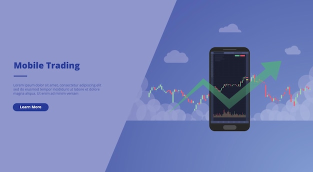 Concetto di mercato azionario di trading mobile per il banner del modello della home page di atterraggio del sito web o la copertina della presentazione delle diapositive