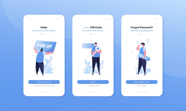 Vector mobile user interface with sign up login and forgot password page illustration set