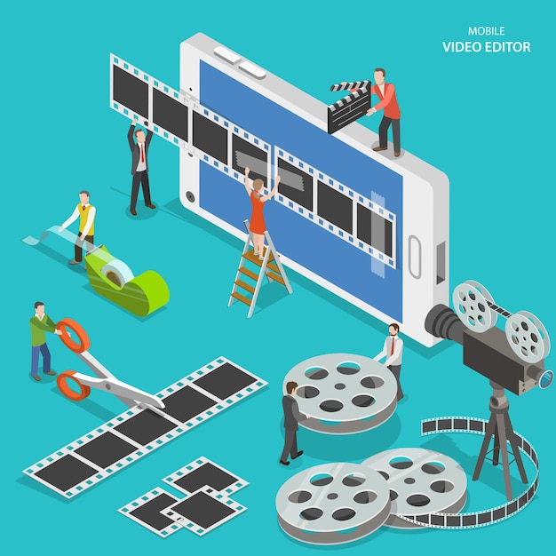 Vector mobile video editor flat isometric concept illustration