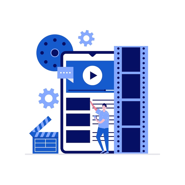 Vector 캐릭터와 함께 모바일 비디오 제작, 편집 및 몽타주 개념. 스마트 폰을 사용하여 영화를 만드는 사람들.