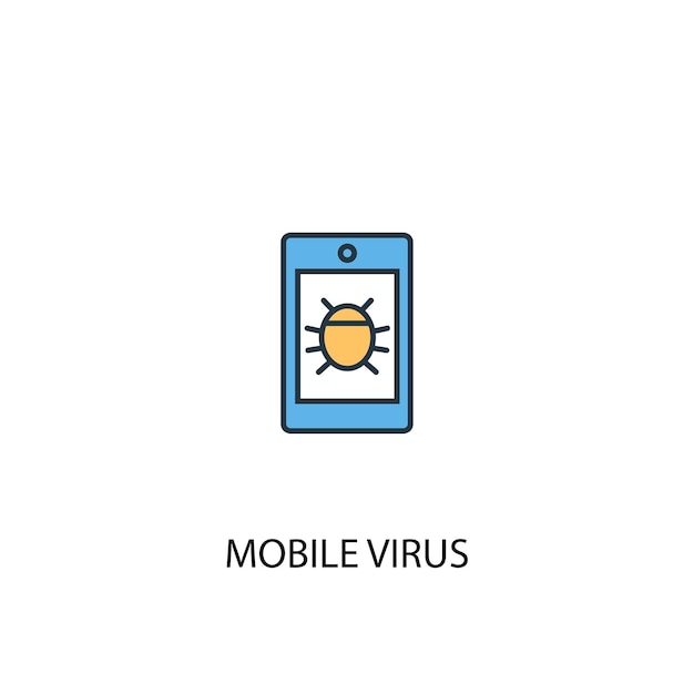 모바일 바이러스 개념 2 컬러 라인 아이콘입니다. 간단한 노란색과 파란색 요소 그림입니다. 모바일 바이러스 개념 개요 기호 디자인