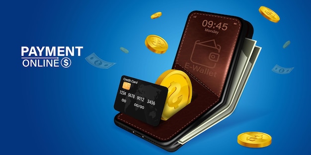 Vector mobile wallet online on blue background concept of spending money online through the internet