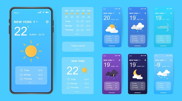 Progettazione dell'interfaccia dell'app meteo mobile elementi della gui per l'app mobile delle previsioni del tempo telefono realistico generatore dell'interfaccia utente delle condizioni meteorologiche della temperatura ui ux toolkit illustrazione vettoriale