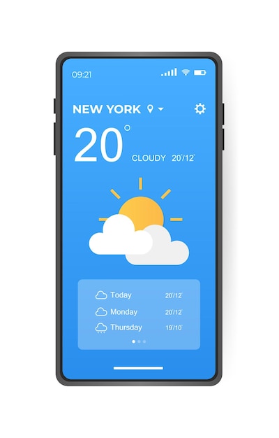 Progettazione dell'interfaccia dell'app meteo mobile elementi della gui per l'app mobile delle previsioni del tempo telefono realistico generatore dell'interfaccia utente delle condizioni meteorologiche della temperatura ui ux toolkit illustrazione vettoriale