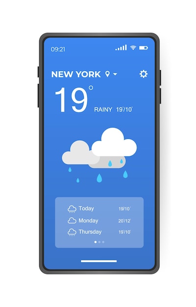 Progettazione dell'interfaccia dell'app meteo mobile elementi della gui per l'app mobile delle previsioni del tempo telefono realistico generatore dell'interfaccia utente delle condizioni meteorologiche della temperatura ui ux toolkit illustrazione vettoriale