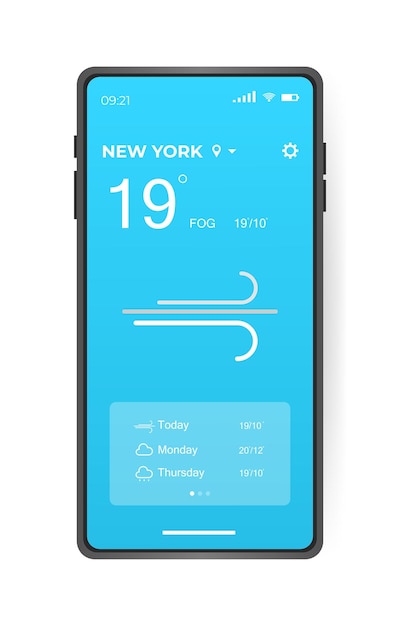 Mobile weather app interface design GUI elements for weather forecast mobile app Realistic phone Temperature weather condition user interface generator Ui ux toolkit vector illustration