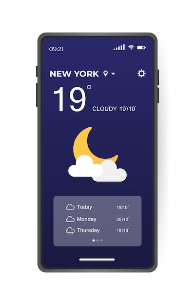 Progettazione dell'interfaccia dell'app meteo mobile elementi della gui per l'app mobile delle previsioni del tempo telefono realistico generatore dell'interfaccia utente delle condizioni meteorologiche della temperatura ui ux toolkit illustrazione vettoriale