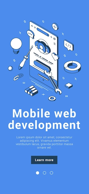 Mobile web application development debug smartphone screen testing usability interface website software banner isometric vector illustration. Coding programming cyberspace analyzing site construction