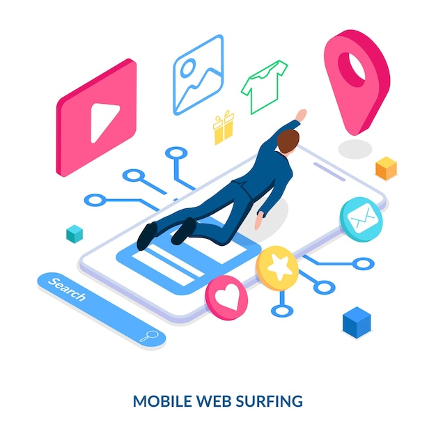 Концепция мобильного веб-серфинга человек ищет информационные видео изображения товаров и услуг через мобильный интернет векторная иллюстрация в изометрическом стиле на белом фоне
