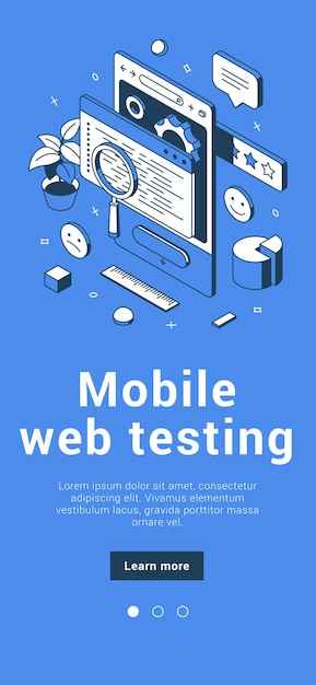 Mobile web testing debug application development browsing interface software banner isometric vector illustration. Checking website usability creative design programming seo content responsive