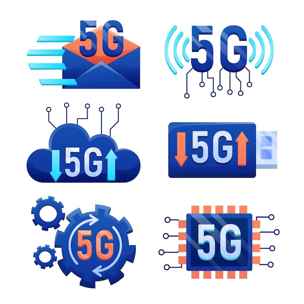 모바일 무선 5세대 기술 요소 디자인 벡터 5G 무선 네트워크 기술 개념