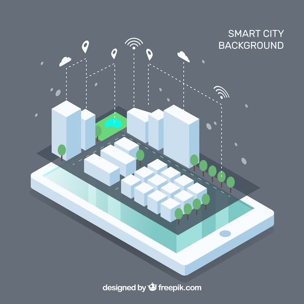 Mobile con città intelligente in stile isometrico