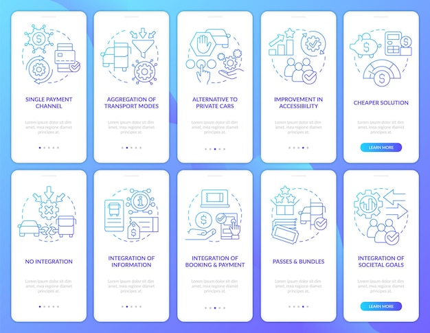 Mobility services blue gradient onboarding mobile app screen set