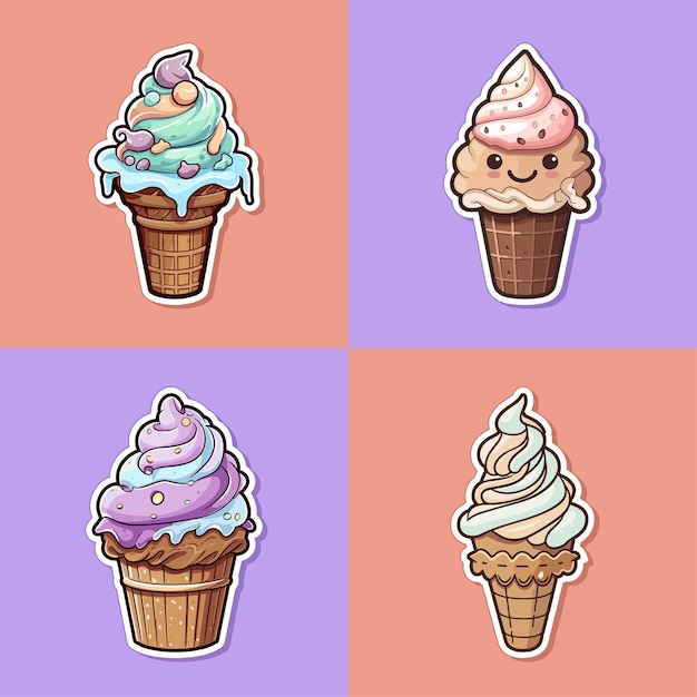 모카 아몬드 퍼지 아이스크림 스티커 멋진 색상 카와이 클립 아트 일러스트레이션 컬렉션