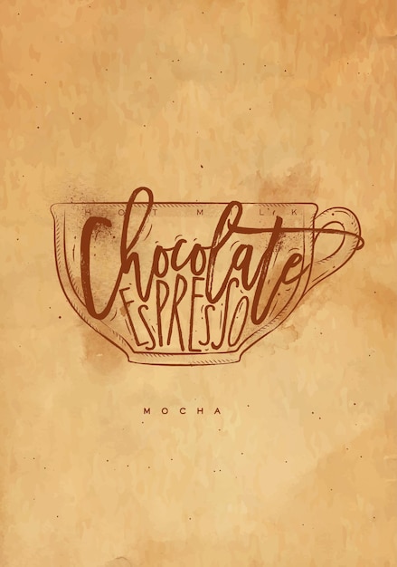 Tazza moka con scritta espresso al cioccolato al latte caldo in stile grafico vintage con disegno artigianale