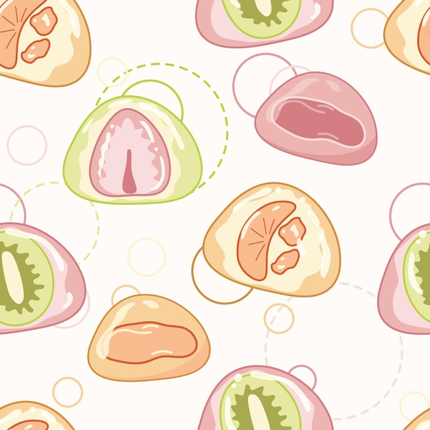 Mochi seamless pattern. asian sweet food with strawberry, kiwi, orange. realistic food moti.