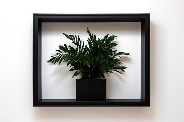 Mock up black frame with plant and branches on a shelf or desk white shelf and wall portrait frame