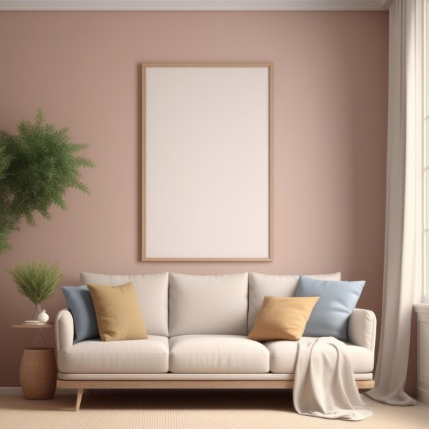 Vector mock up frame on a white wall with sofa in the living room interior 3d rendering mock up f