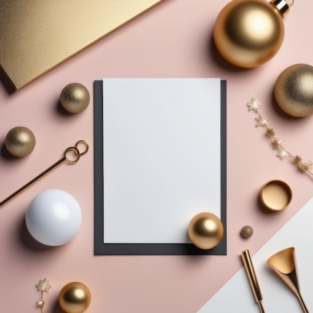 Vector mock up of golden christmas decorations and blank notebook mockup of golden christmas decoratio