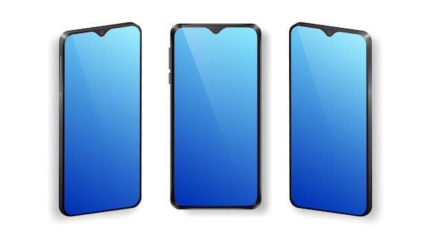 Mock up of phones with black frame and blue gradient screen isolated on white background.