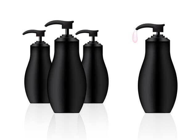 Mock up realistic black cosmetic soap pump gel bottles