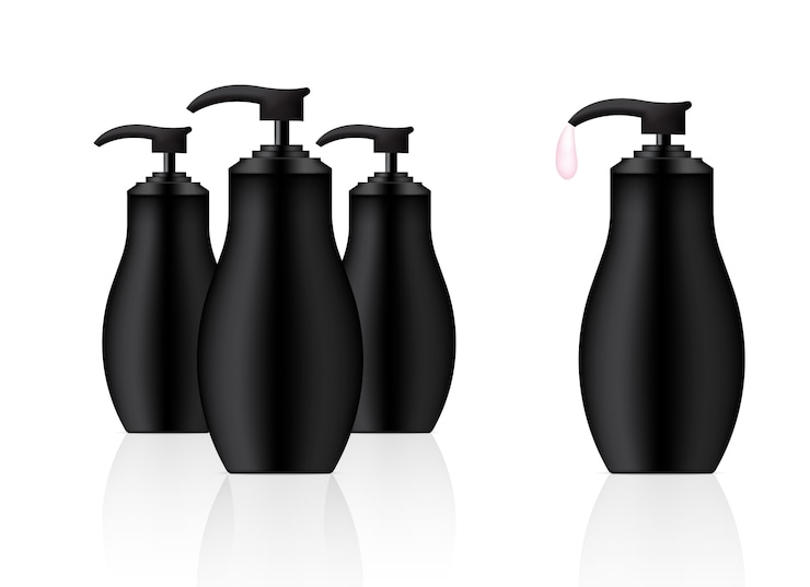 Vector mock up realistic black cosmetic soap pump gel bottles 