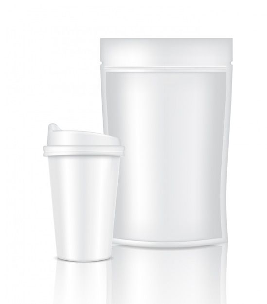 mock up realistic coffee white cup packaging product and bag