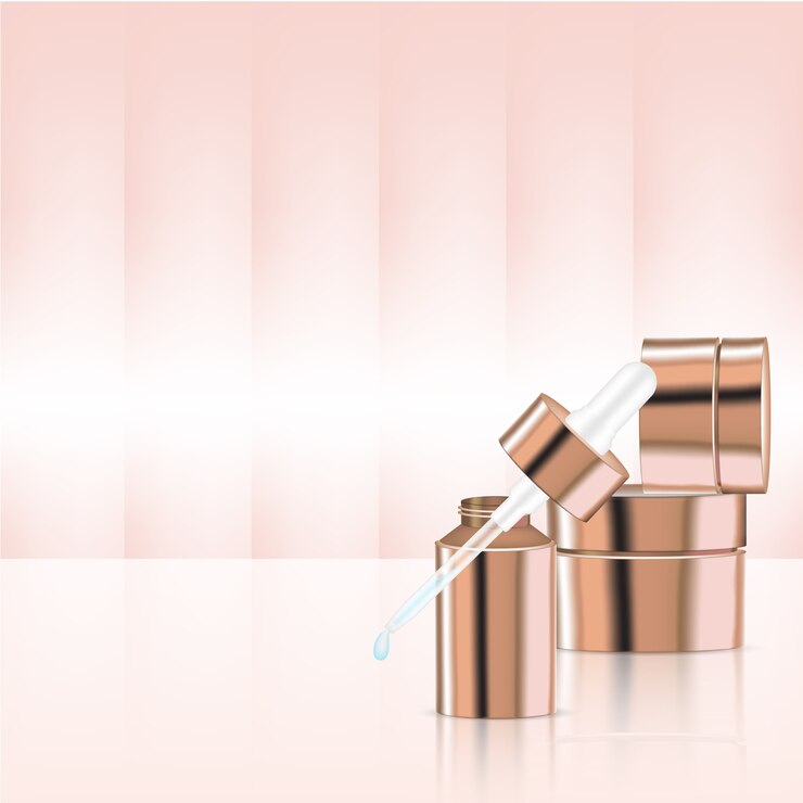 Vector mock up realistic rose gold pastel cosmetic dropper bottles 