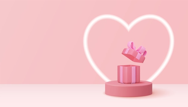 Mock up stage podium decorated with heart shape lighting and with open gift box. background for birthday, anniversary, sale, wedding. web banner. valentine concept. vector illustration