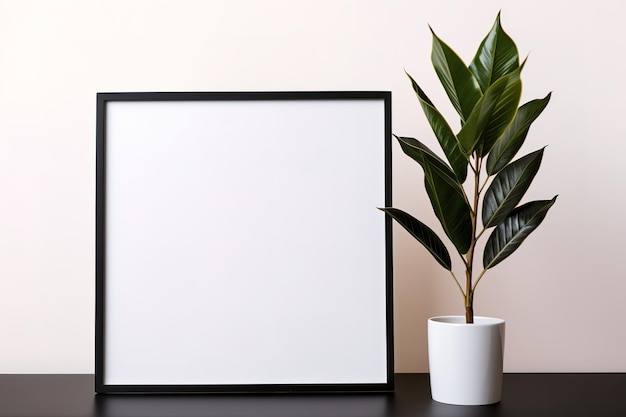 Vector mock up zwart frame met plant en takken op een plank of bureau witte plank en muur portret frame