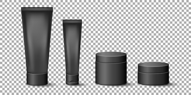 Mockup of 3d black cream tubes and jars in minimalistic style Skincare template for logo design