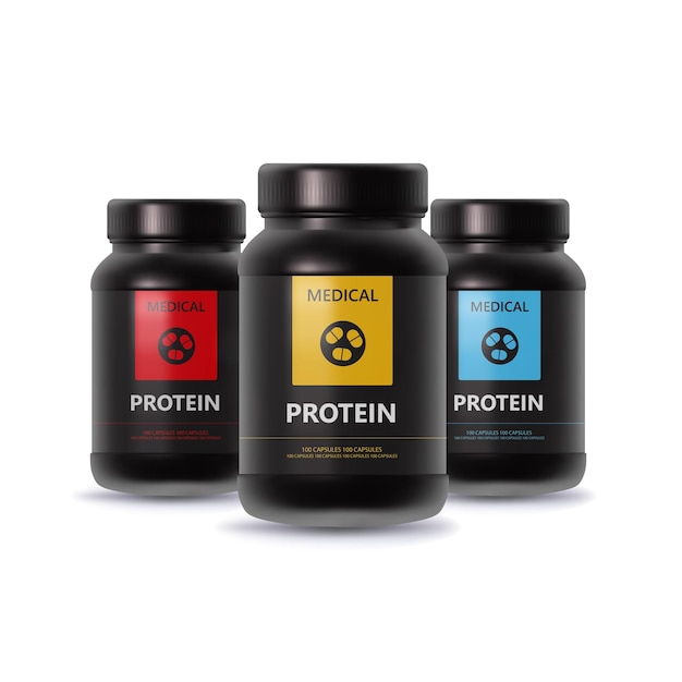 Vector mockup banks black protein sports 3d container amino acids round pack for muscle training realistic cylindrical jar with vitamins