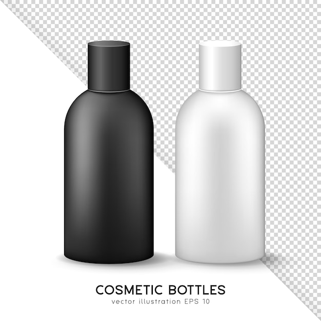 Mockup of closed cosmetic or medicine plastic bottles with lid. Set of 3D black and white tubes