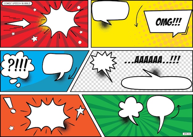 Vector mockup of comic book page with place for text speech bubbels symbols sound effects