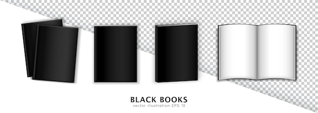 Mockup of different black books  textbooks closed magazine in top and isometric view opened brochure