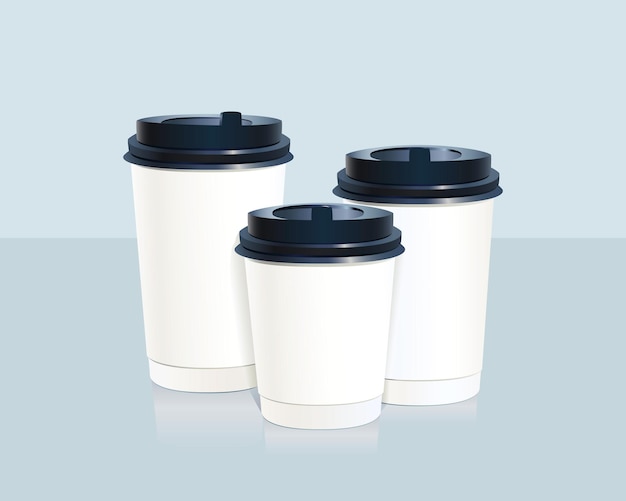 Vector mockup of disposable coffee cups with lids, realistic vector mockup