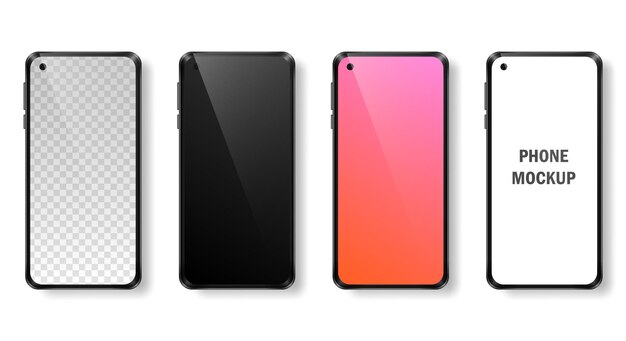 Mockup of four realistic phones with black frame and dark, gradient, white and transparent screen