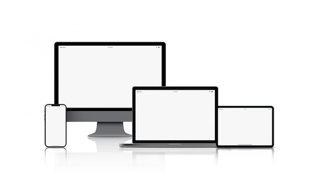 모형 가제트 장치. 빈 화면이 격리 된 스마트 폰, 태블릿, 노트북 및 컴퓨터 모니터 블랙 색상