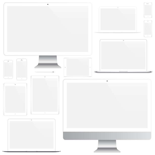 Mockup of gadgets and devices of smartphone tablet laptop and computer monitor with blank screen