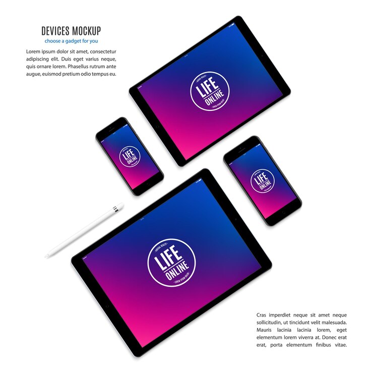 Vector mockup of gadgets and devices of stylus, smartphone, tablet, laptop and computer monitor with colored screen saver isolated