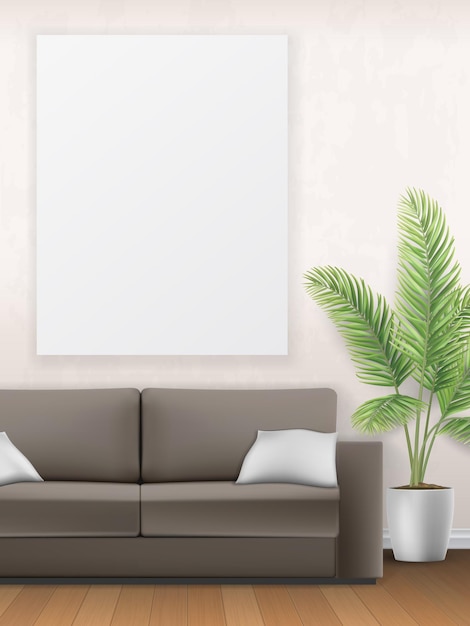 Vector mockup of the interior with sofa palm tree and poster on wall living room