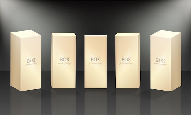 Mockup of luxury rectangular paper containers for cosmetic, makeup product. Set of 3d golden boxes