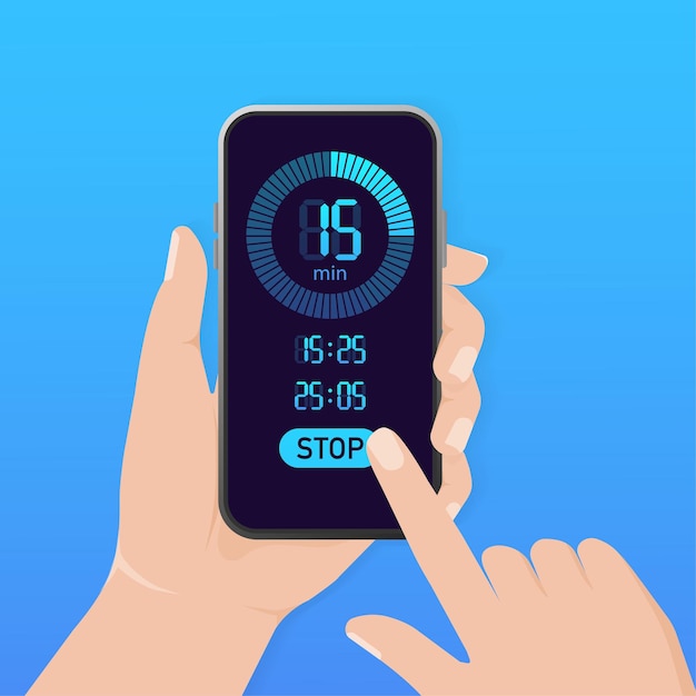 Mockup met blauwe stopwatch smartphone op witte achtergrond Platte ontwerp Digitale communicatie