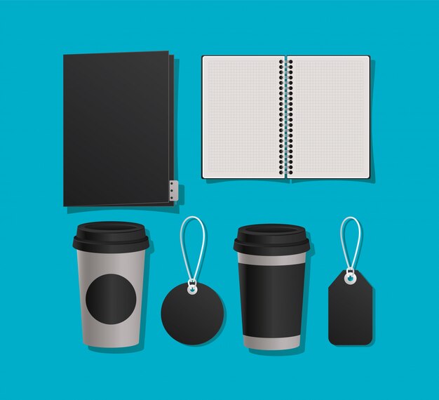 Mockup notebook folder mugs and labels