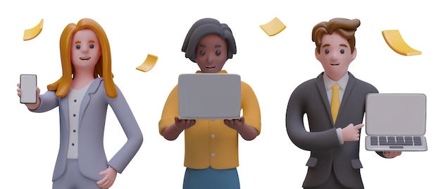 Mockup of office gadgets with blank screen Female and male characters are holding phone and laptop