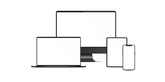 Dispositivo realistico mockup set di computer tablet laptop e telefono illustrazione vettoriale