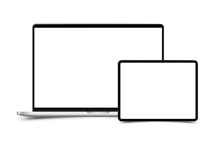 Mockup of realistic Laptop with Tablet. Front side with screen isolated